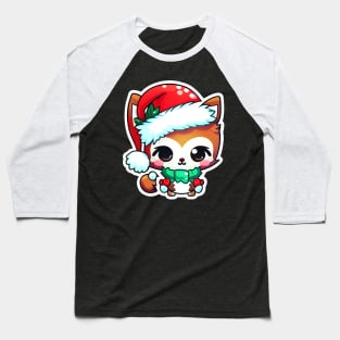 Cute Adorable Chibi Kawaii Baby Fox Wearing Red Christmas Hat Baseball T-Shirt